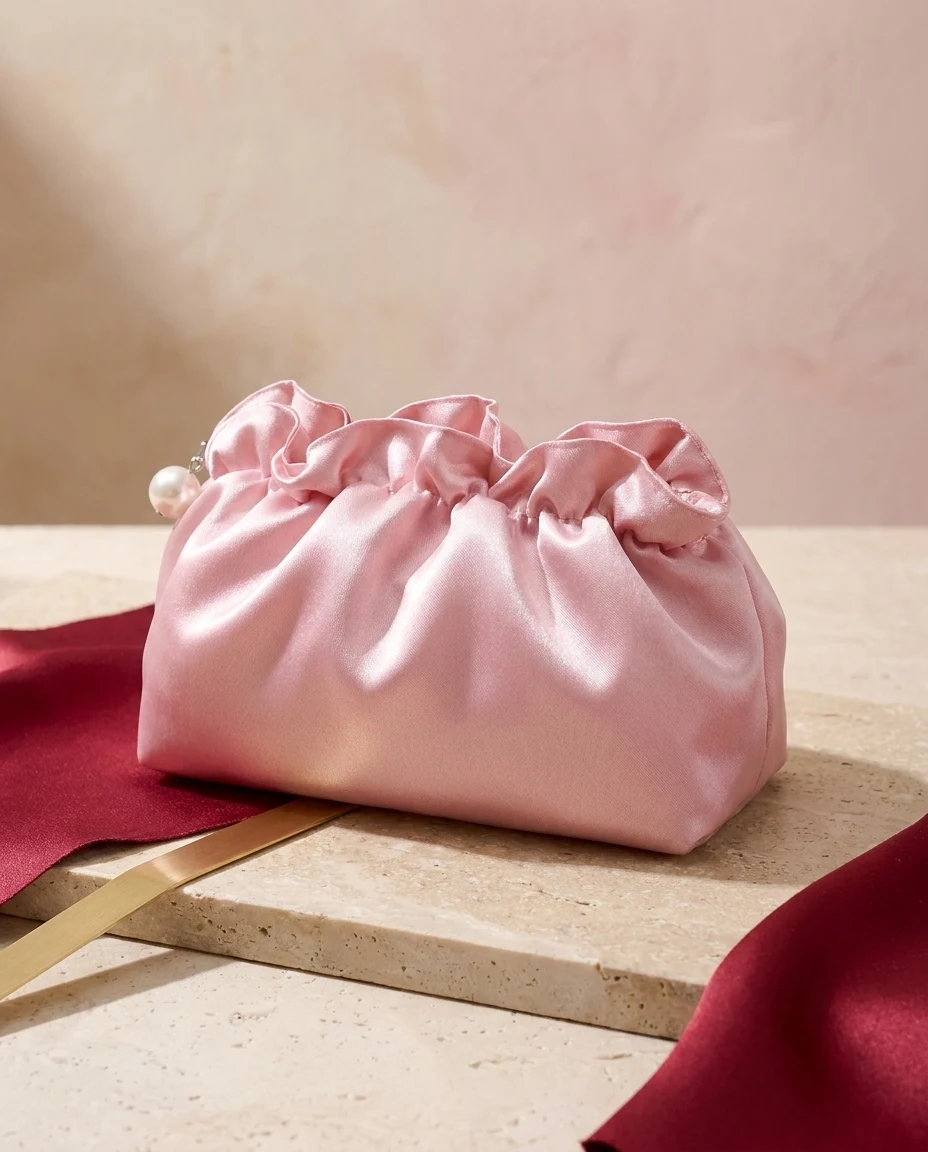 Blush satijnen geplooid cosmeticatasje op travertijn