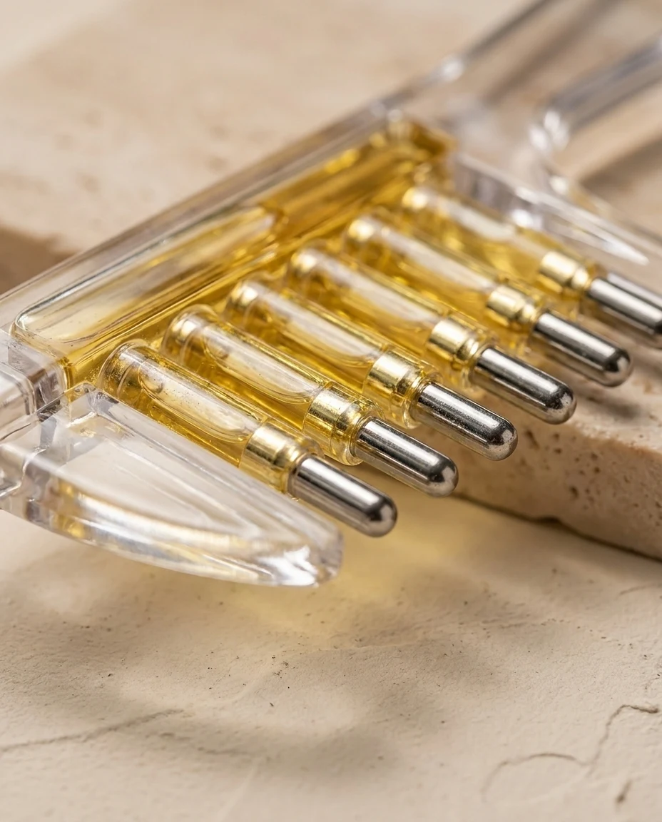 Close-up van de zeven olie-ampullen met chromen rollertips tussen de kamtanden