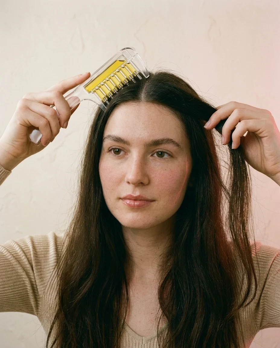 Vrouw rolt The Scalp Oil Comb langs een scheiding in haar haar