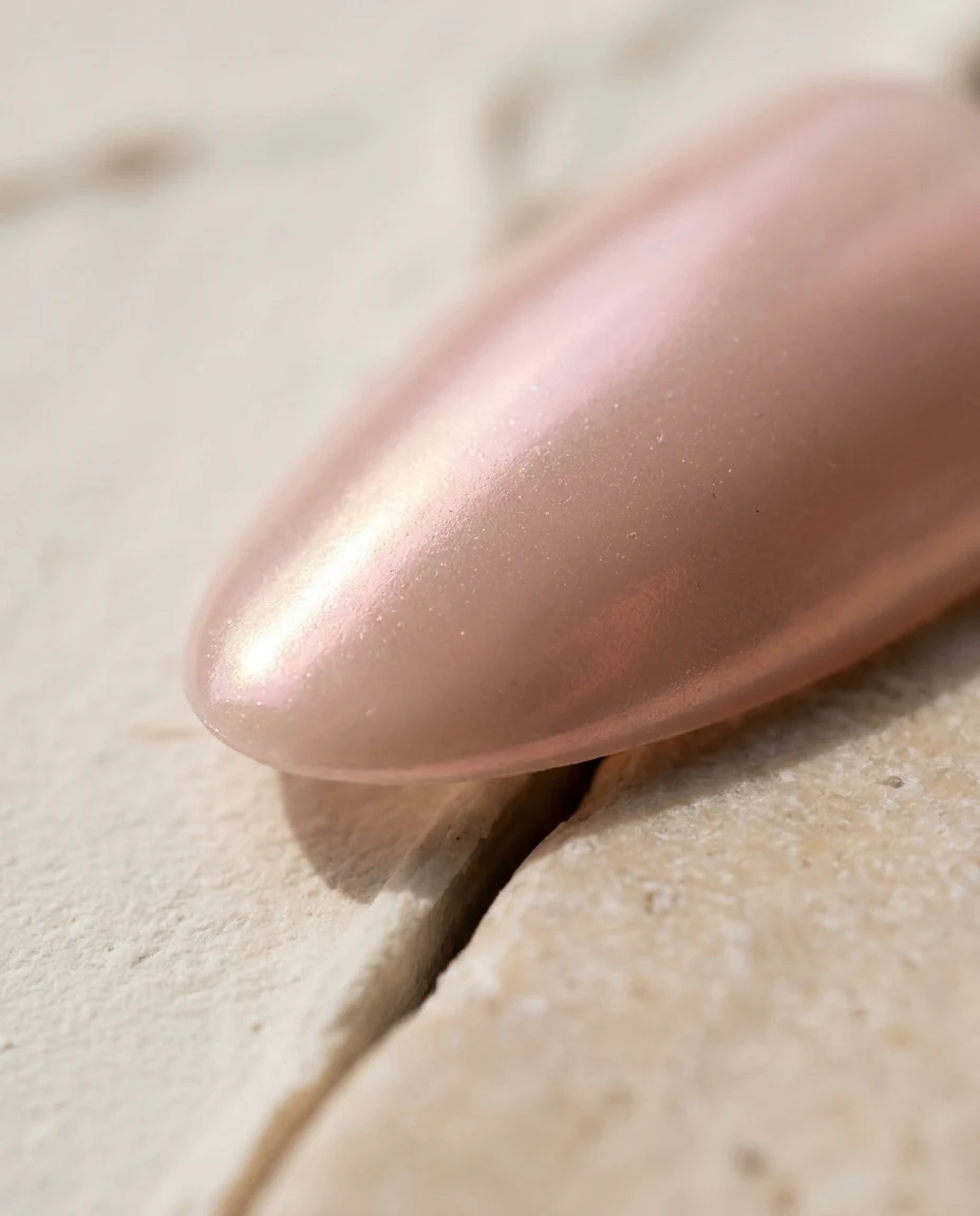 Macro van een korte amandelvormige press-on nagel met glazed parelmoerfinish