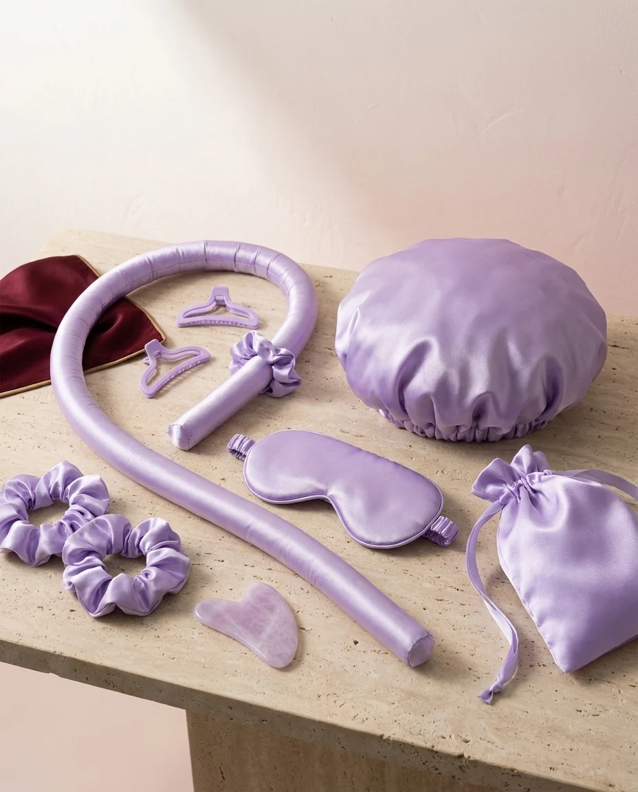 De complete Sleep Curl Kit in lila satijn op een travertijnen plint