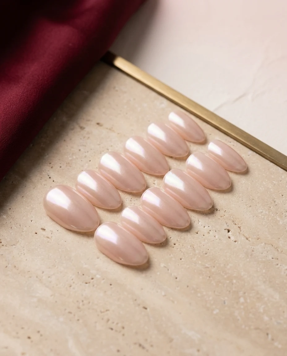 De 24 glazed nude press-on nagels op een travertijnen plint
