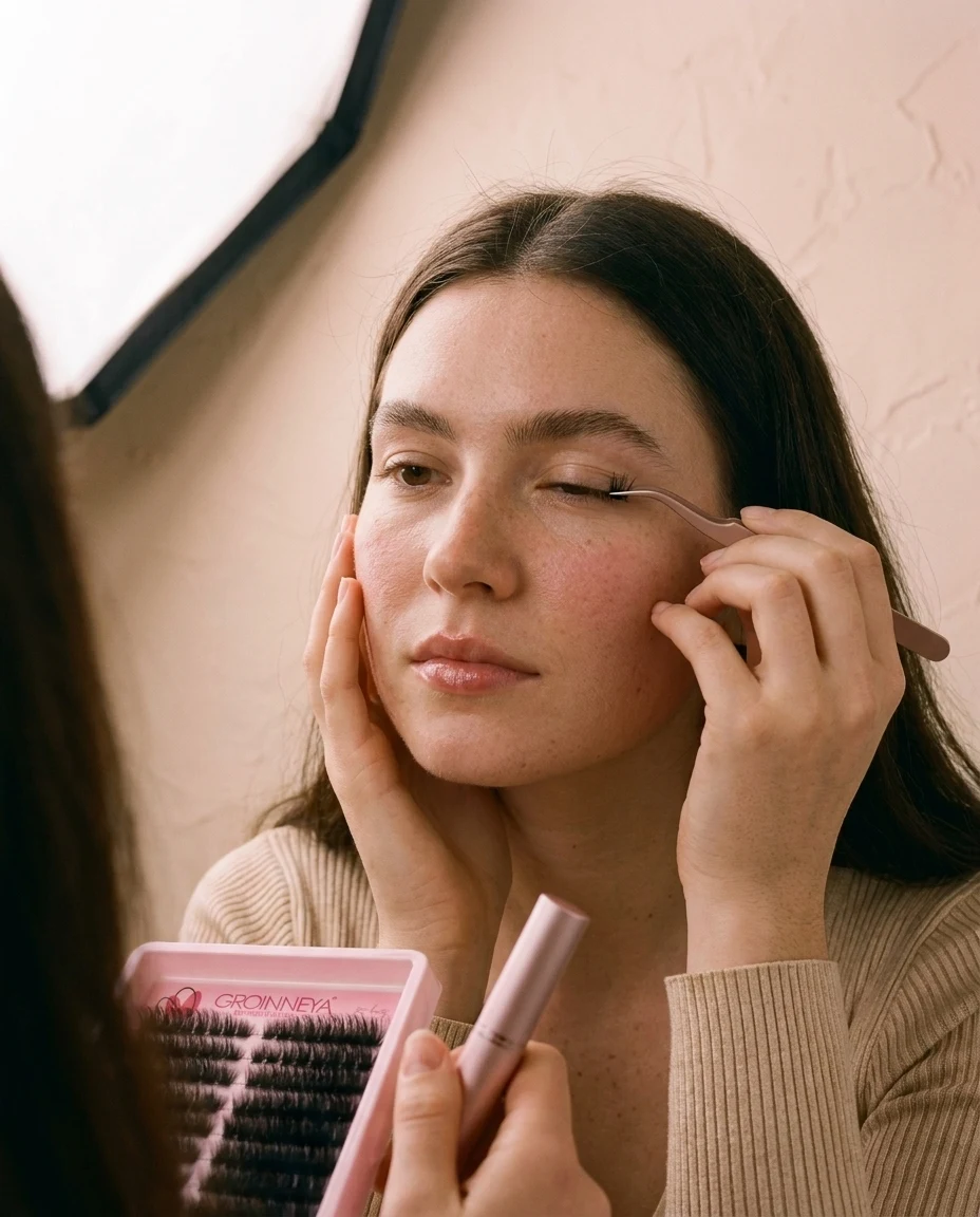 Vrouw zet met een pincet een wimperplukje onder haar eigen wimpers