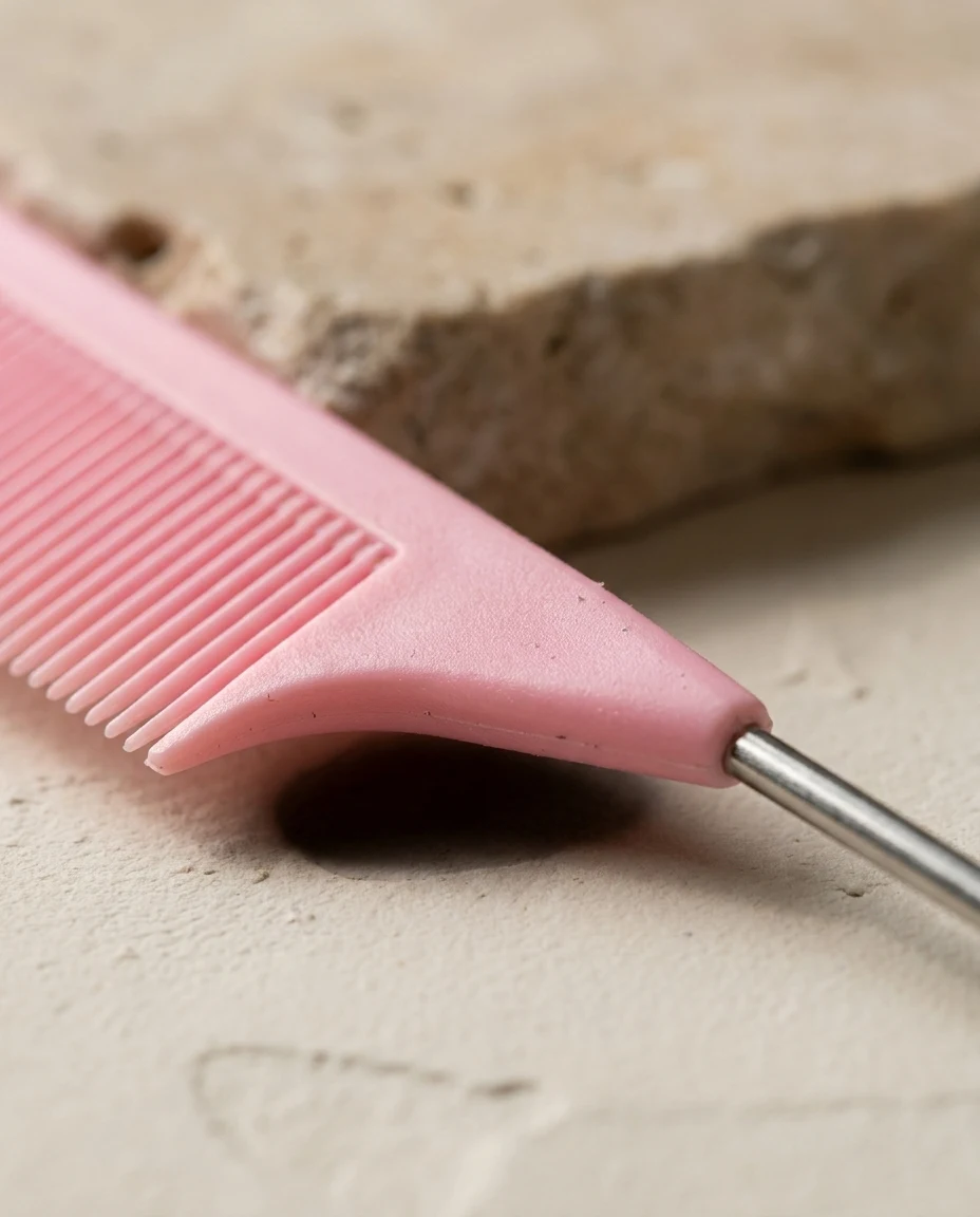 Macro van de roze staartkam met metalen punt