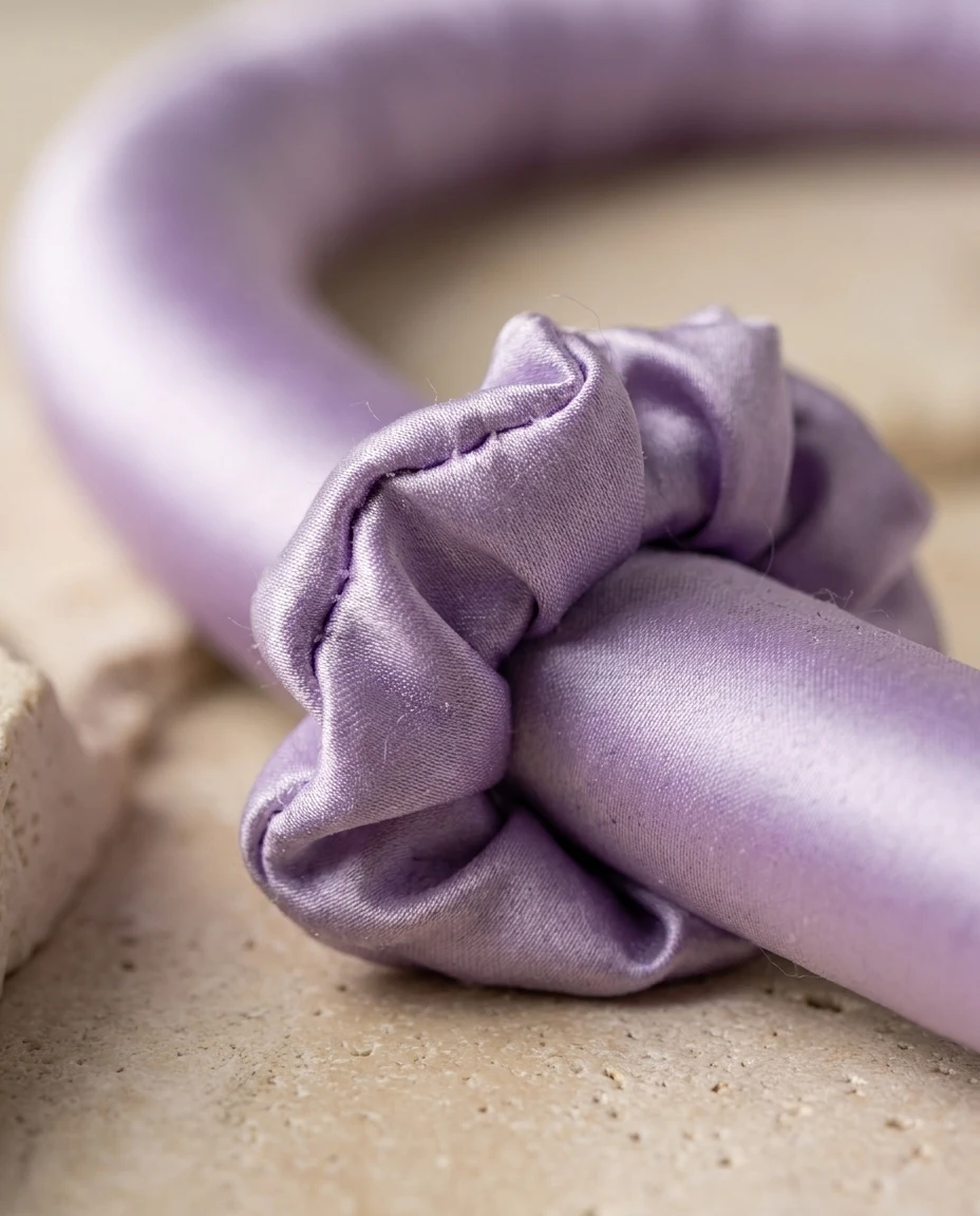 Macro van de gewatteerde satijnen krulrol met scrunchie