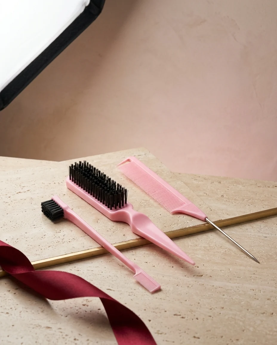 Roze edge brush, teasing brush en staartkam op travertijn