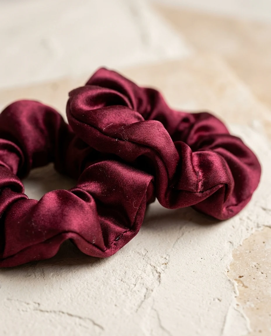 Macro van het geplooide wijnrode satijn van een scrunchie