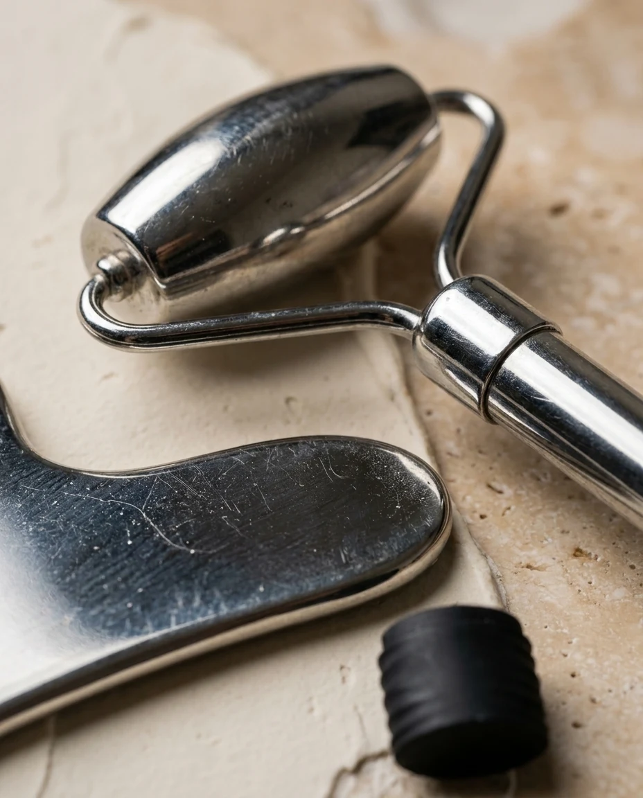 Macro van de stalen ijsroller en de gua sha