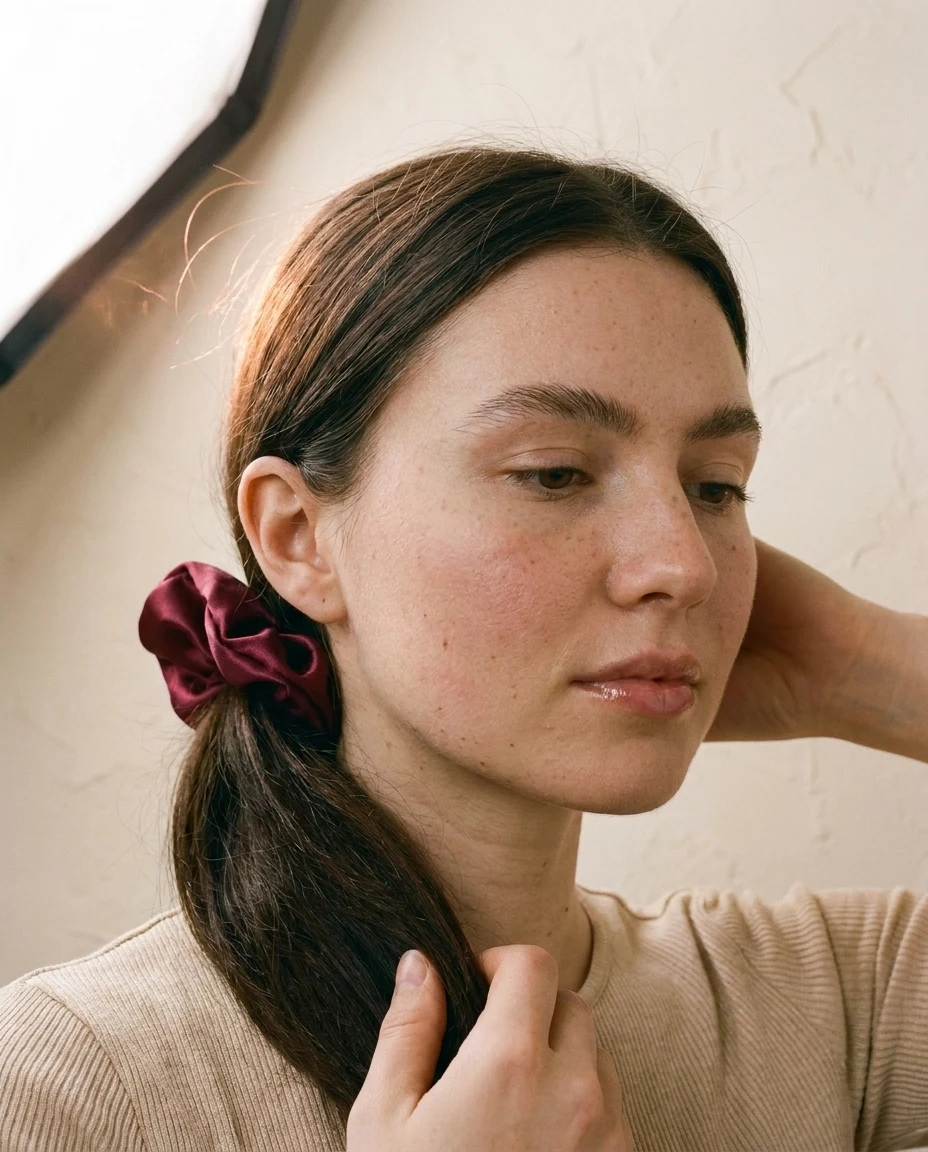 Vrouw draagt de wijnrode satijnen scrunchie in een lage staart