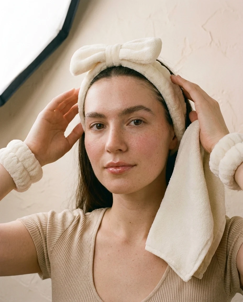 Vrouw met de brede crème spa-haarband in haar haar