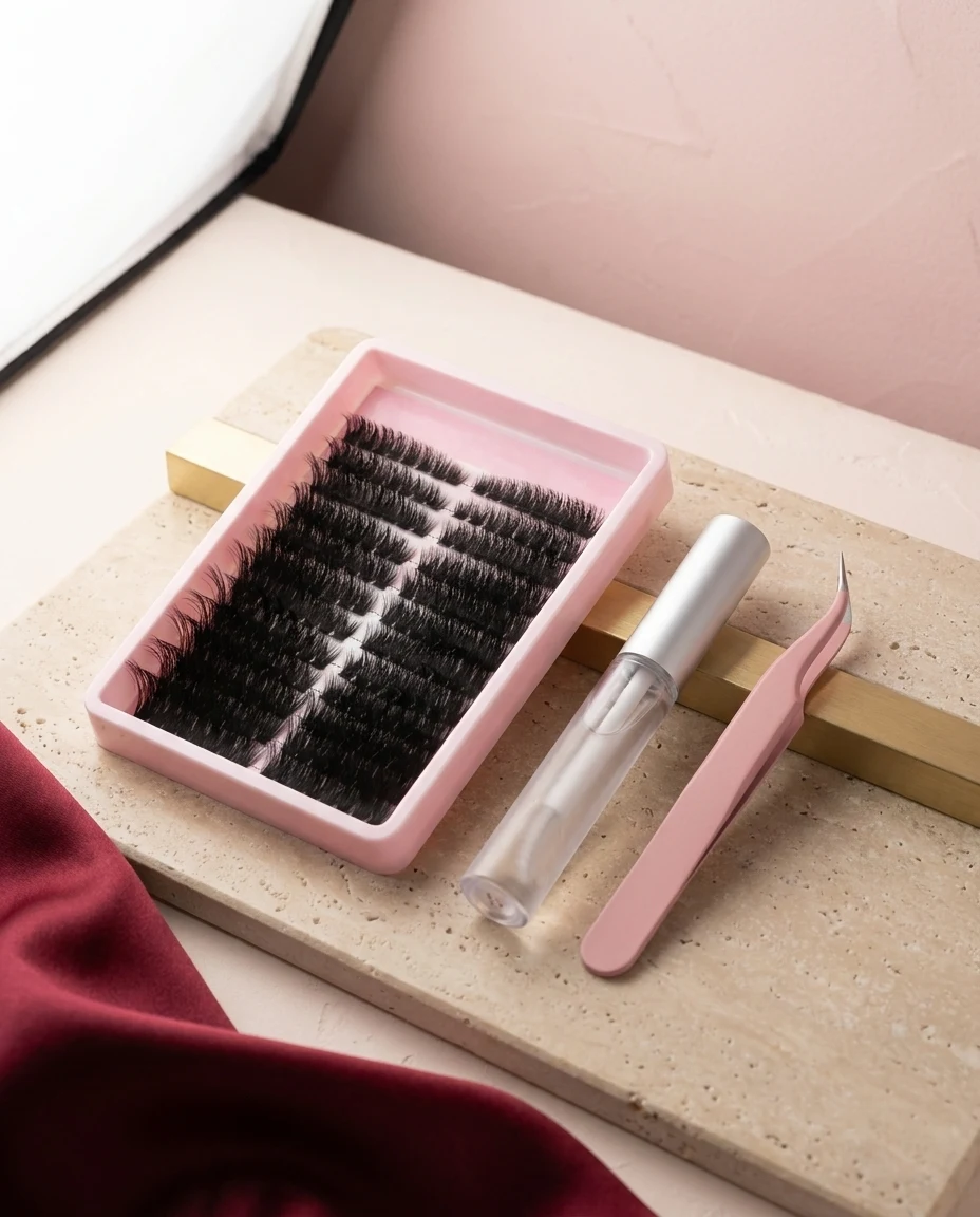 De Lash Map kit met tray wimperplukjes, lijm en gebogen pincet op een travertijnen plint