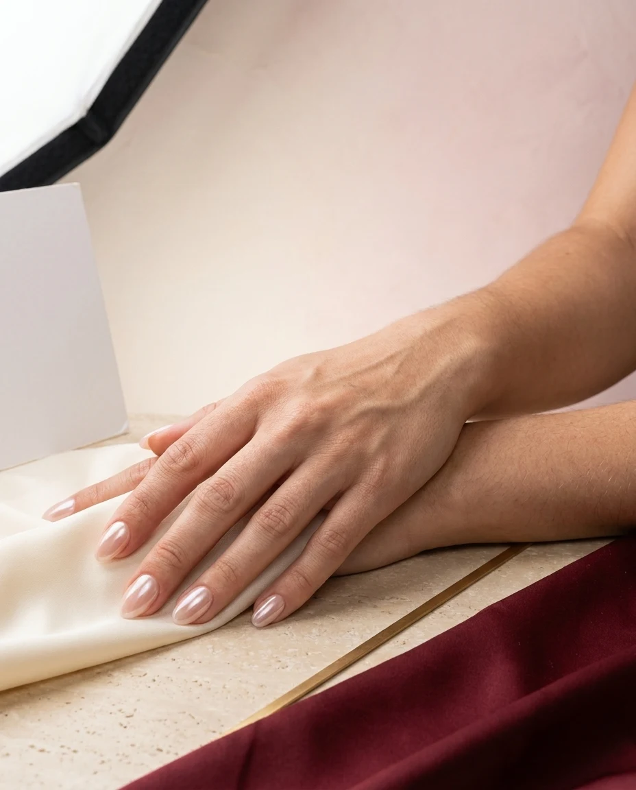 Handen met korte amandelvormige press-on nagels in glazed nude roze