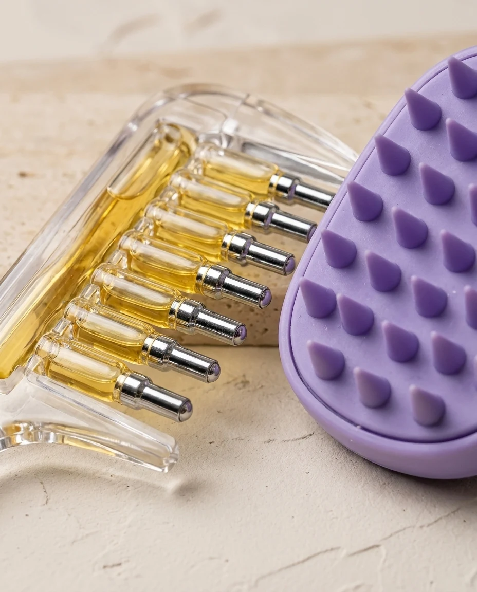 Macro van de olie-ampullen naast de siliconen massageborstel