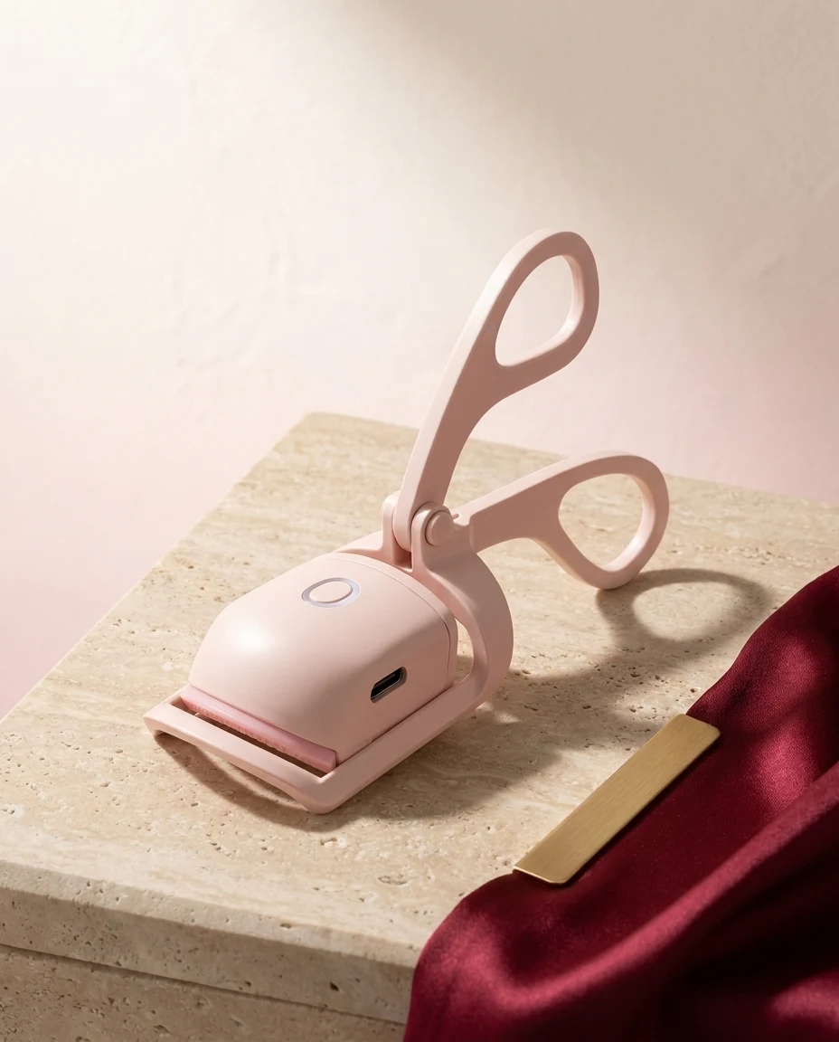 Verwarmde wimperkruller in blush roze op een travertijnen plint