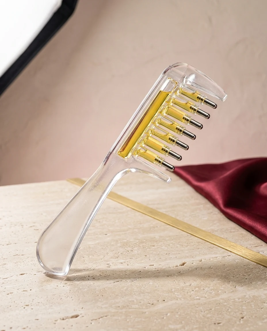 The Scalp Oil Comb op een travertijnen plint, met zeven ampullen haarolie in de kop