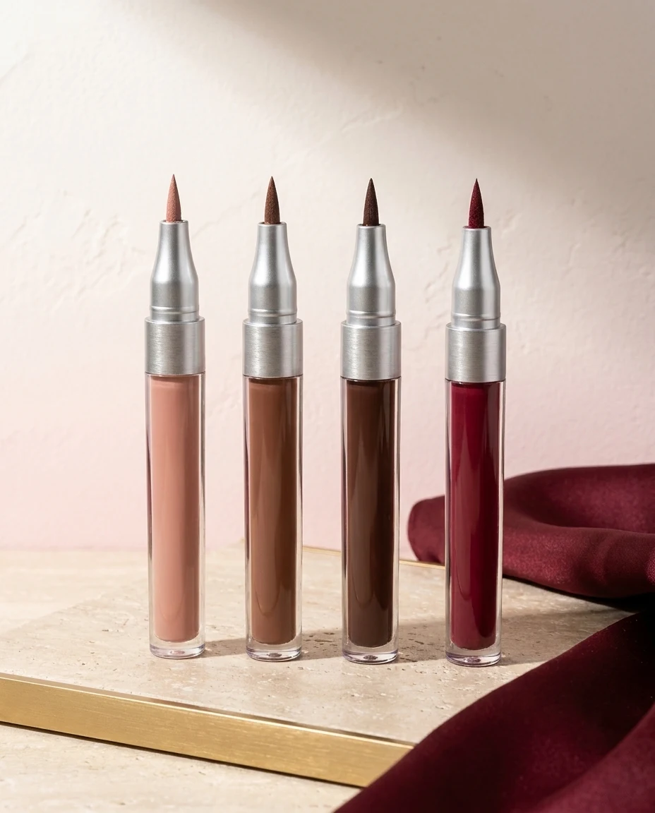 Vier Peel and Stay lip stain applicators in oplopende tinten op een travertijnen plint